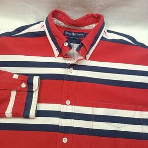 Ralph Lauren‎ Red Navy Stripe Button Up Shirt Mens XL Long Sleeve Embroidered